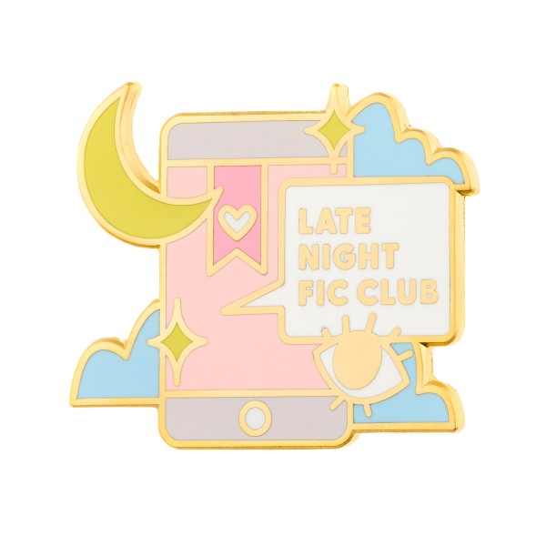 A hard enamel pin badge that features a book, a crescent moon, and a speech bubble that reads